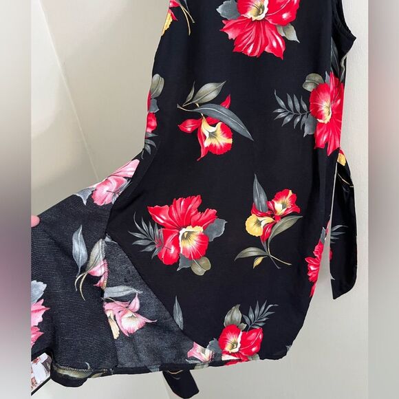 Vintage La Belle 90s Black Floral Rayon Dress S Red Hibiscus Tropical Tie Waist - Picture 5 of 8